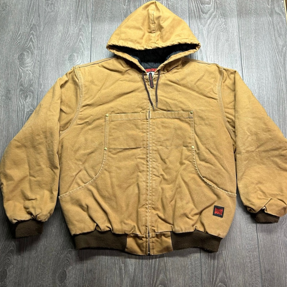 Tough Duck Mens Hooded Canvas Bomber Jacket Tan Brown Quilted Lined Large Canada
